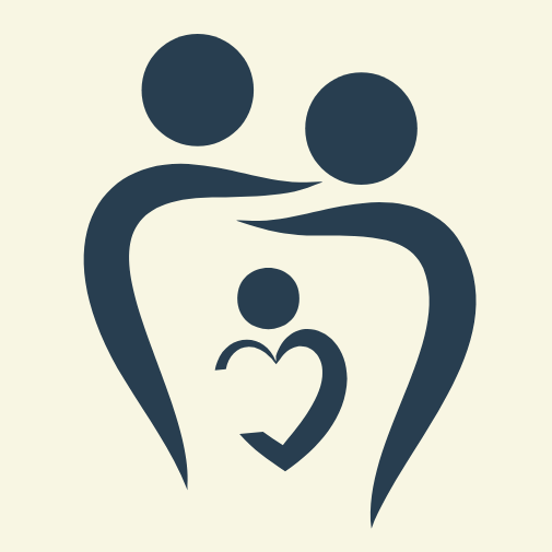 Icon image with a light grey background. Three abstract figures connect to look like a family embracing with two larger figures circling a smaller one.